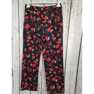 KSD Vintage Women's 10 St. John Black Rose Pattern Wide Leg Denim Jeans Pants